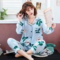 Bộ đồ ngủ mùa xuân và mùa hè của phụ nữ mỏng phần dài tay cotton lụa ngọt ngào cardigan cotton nhân tạo cotton nữ điều hòa không khí nhà quần áo tháng - Pyjama bộ thu đông nữ