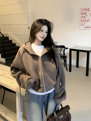 taobao agent Demi-season sweatshirt with hood with zipper, jacket, cardigan, Korean style, classic length, long sleeve