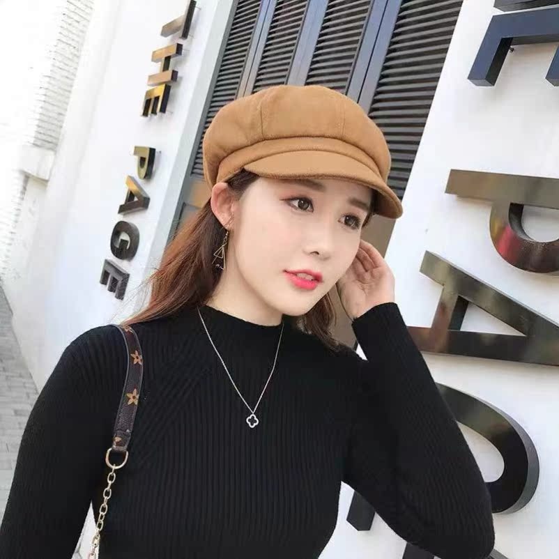 Octagonal Wool [Khaki]trend Hat female fashion new pattern fashion Big head circumference Big face Fat face fit Of Hat