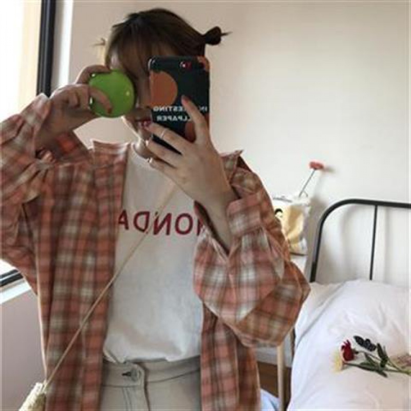 Orange PinkSuperfire shirt schoolgirl Korean version easy Versatile Harajuku bf Long sleeve lattice jacket loose coat thin