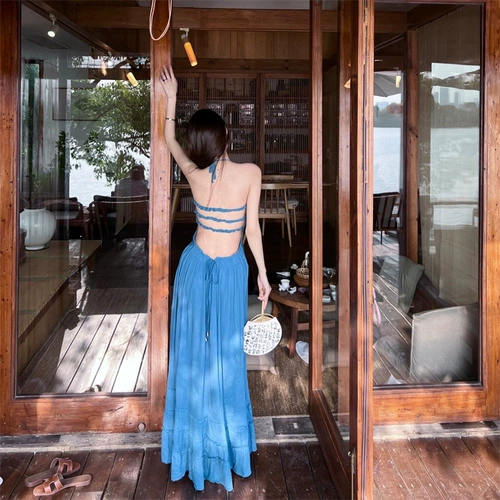 Летний жилет без рукавов, синий сексуальный ремень, весенняя длинная юбка, платье, европейский стиль, с открытой спиной
