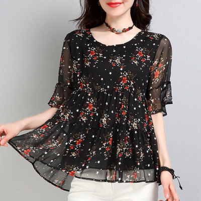 新款ins潮小衫高端雪纺上衣大码女装宽松雪纺衫女显瘦遮肚子衬衫