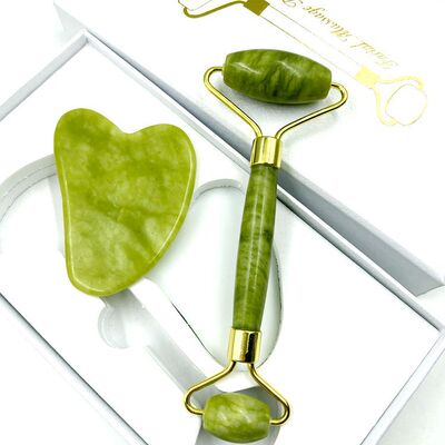 [jade roller gua sha锌合金杆玉石滚轮式按摩 家用面部廋脸刮痧板]