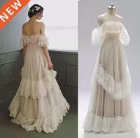 Off Shoulder Polka Dots Wedding Dress 2021 Retro Tiered Lace