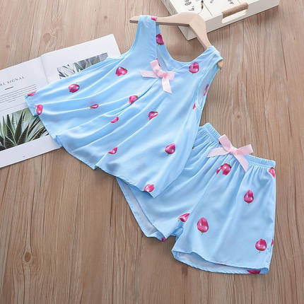 女童夏季无袖棉绸睡衣儿童薄款绵绸套装宝宝