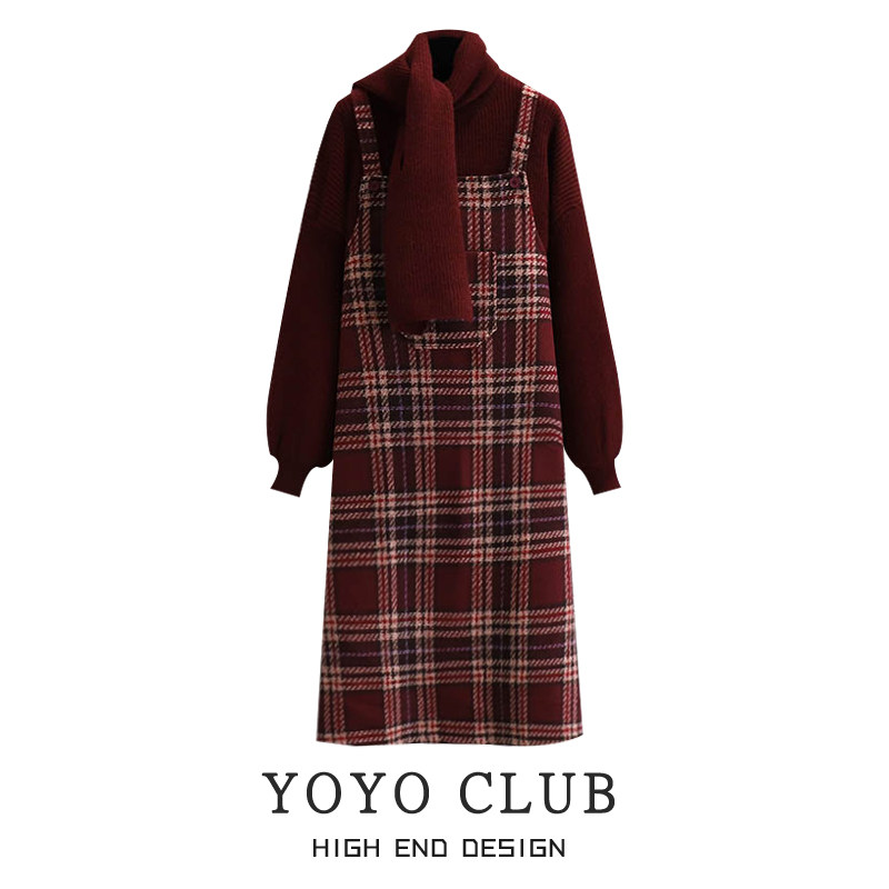 YOYO CLUB大码法式复古红色毛衣围脖背带连衣裙奶系穿搭套装秋冬淘宝网
