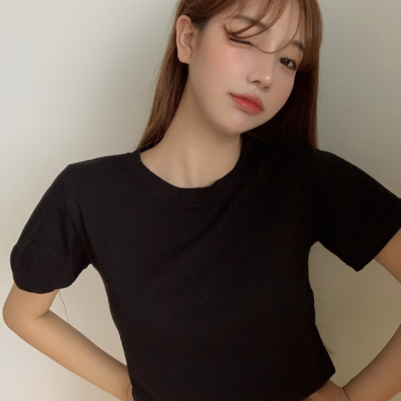 Blacksummer Korean version have cash less than that is registered in the accounts Exposed navel Self cultivation T-shirt 2021 new pattern Women's wear easy Short sleeve Solid color Simplicity Built in jacket