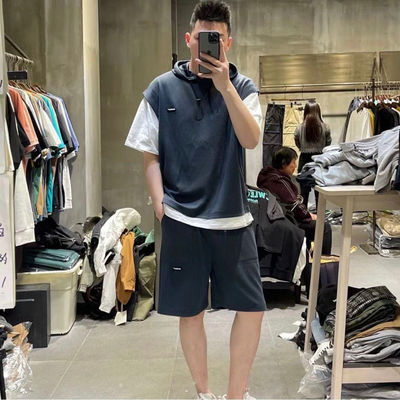 空气玉米格夏季短袖套装男宽松抖音同款假两件连帽华夫格短裤套装