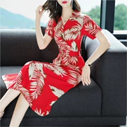 2018 Xinji new color flower thực vật in ấn A-line váy V-Cổ chia ngã ba thời trang slim dress