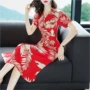 2018 Xinji new color flower thực vật in ấn A-line váy V-Cổ chia ngã ba thời trang slim dress shop váy đẹp