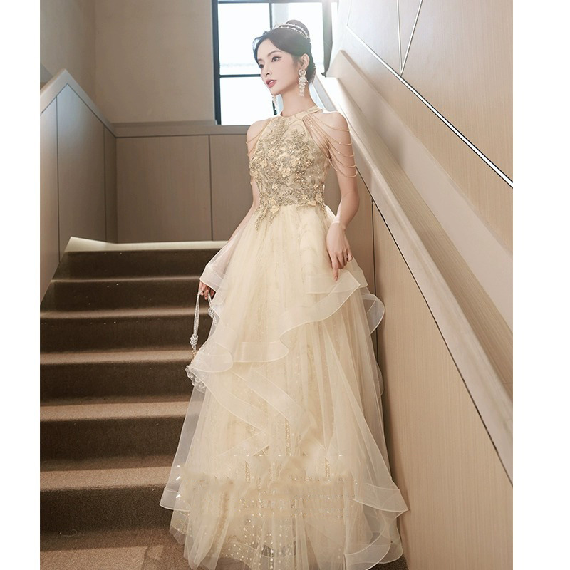 Champagne color evening dress women's banquet elegant temperament host -level sense light luxury niche performance skirt