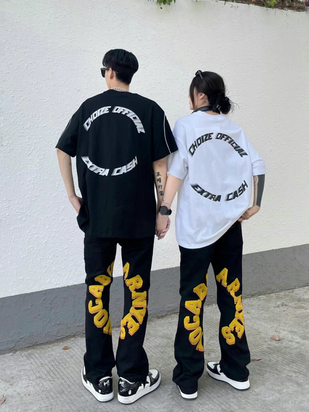 美式复古植绒刺绣牛仔裤男设计感小众高街vibe风宽松直筒情侣长裤