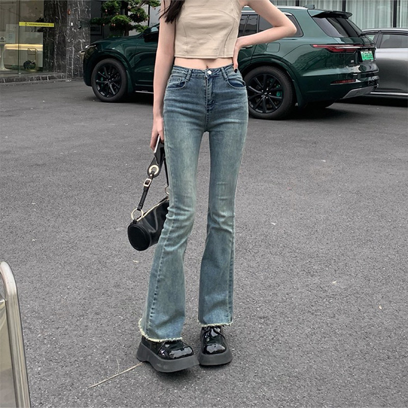高腰毛边微喇牛仔裤女2022新款秋季复古直筒修身弹力显瘦阔腿长裤