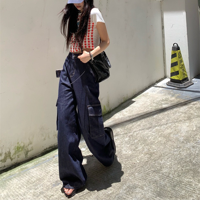 High-waisted workwear jeans for women, 2022 autumn new style, straight-leg loose, slimming, drape, floor-length wide-leg long pants