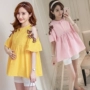 Phụ nữ mang thai mùa hè t-shirt ngắn tay ngắn Hàn Quốc phiên bản của lỏng bông và vải lanh off-the-vai của phụ nữ áo sơ mi thời trang hai mảnh babydoll shop bầu đẹp