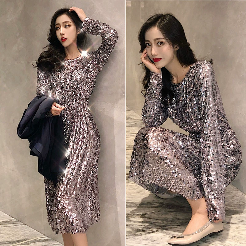 Phụ nữ mùa xuân và mùa thu 2021 váy dài tay dài dưới đáy Bling lấp lánh sequins váy eo cao mảnh mai - Váy eo cao