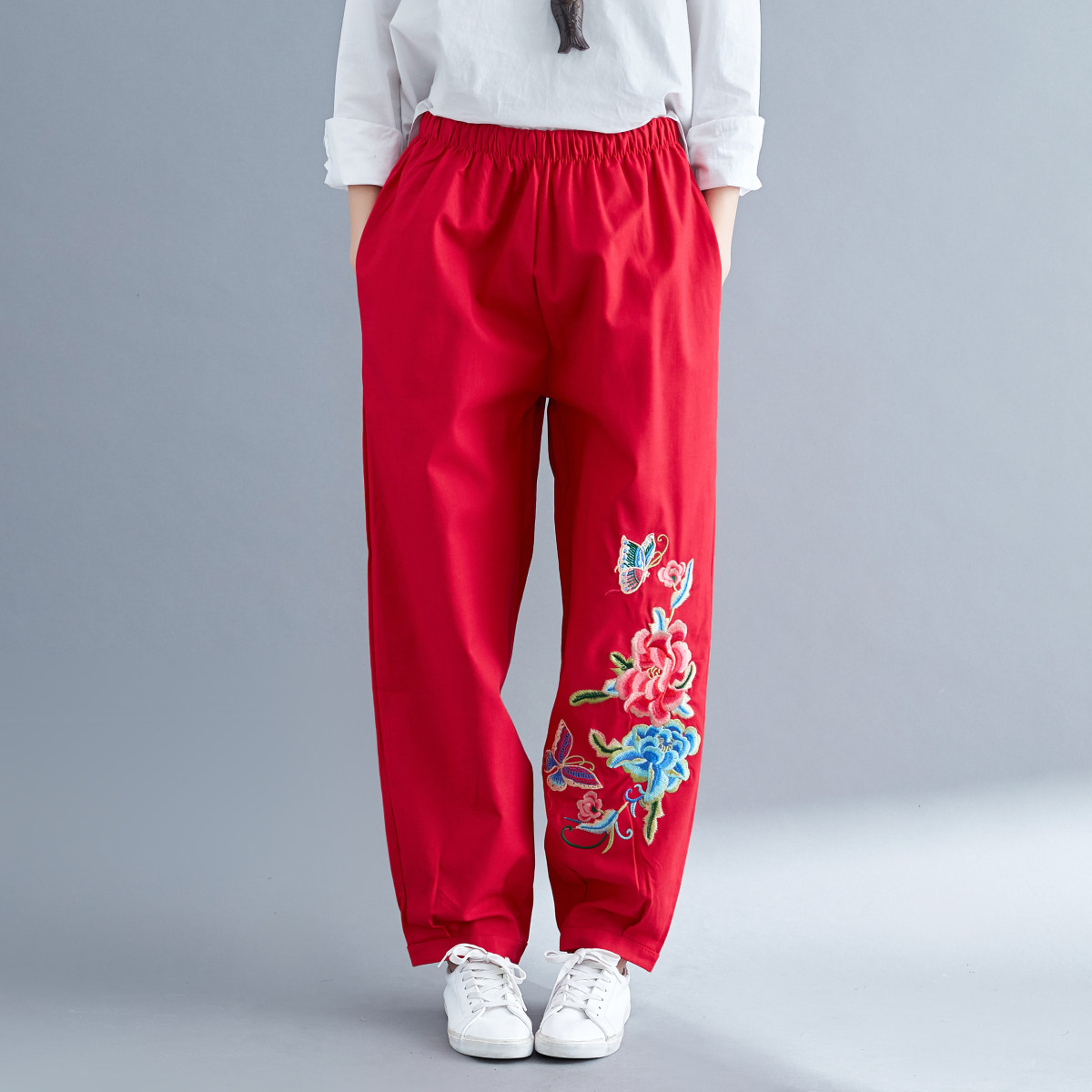 实拍9409#春民族风女裤灯笼裤棉麻绣花大码休闲裤中老年唐装长裤