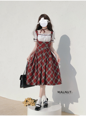 taobao agent Walnut JK [Rasalbird Cake] Scottish red checkered retro elegant long skirt bubble sleeves