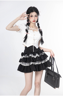 taobao agent Brace, top, skirt, set, square neckline, puff sleeves