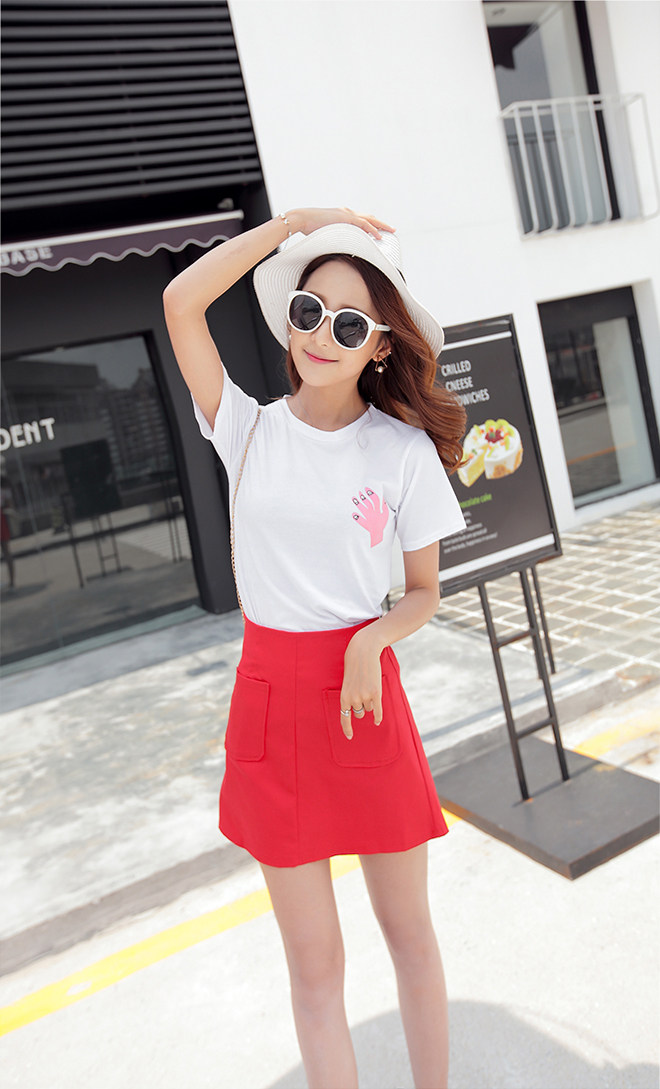 实拍现货2018新款印花短袖t恤 百搭高腰半身裙短裙a字裙