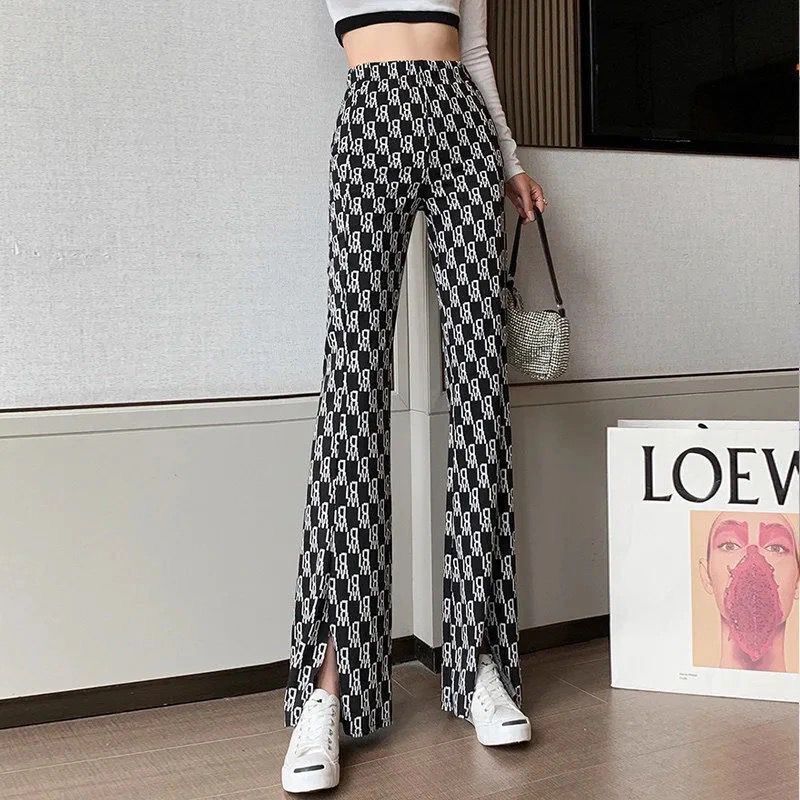 Black Letter [Split]2021 Spring and summer new pattern houndstooth  leisure time Micro horn trousers female High waist Show thin Korean version Split Wide leg pants Thin