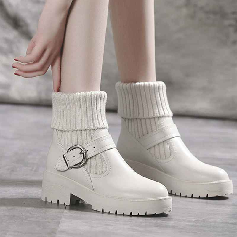Giày len ngắn màu be Giày trắng nữ màu trắng cộng với nhung ống vừa, giày cao gót đế dày, đế dày dệt kim - Giày ống