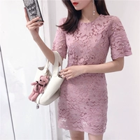 Tính khí Lady Crochet Ren Váy Nữ 2018 Mùa Hè Mới của Hàn Quốc Ngắn Tay Cao Eo Slim Joker Ăn Mặc đầm sơ mi thắt eo