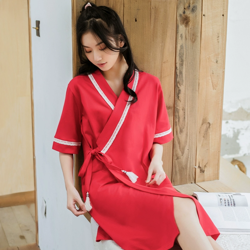 Phong cách Nhật Bản đồ ngủ gợi cảm kimono váy ngủ nữ mùa hè cotton dễ thương công chúa phong cách đỏ phục vụ nhà nữ tay áo ngắn - Đêm đầm