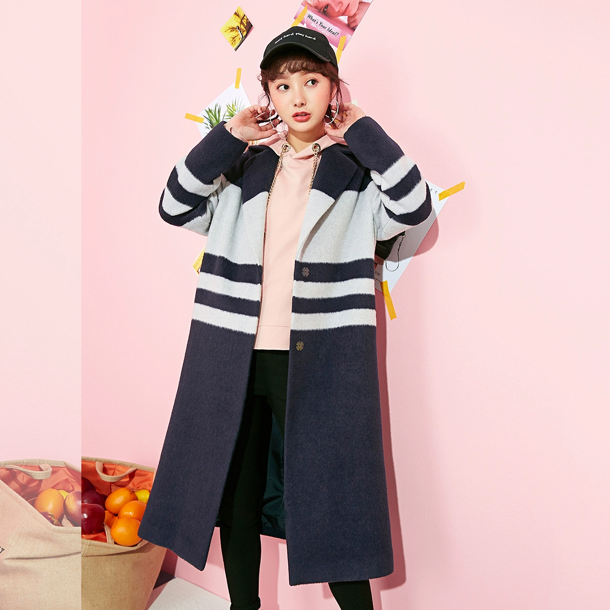 La Chapelle Phong cách Hàn Quốc sọc mới tương phản khí chất Phong cách Hàn Quốc lỏng lẻo ol gió dài áo khoác len nữ - Áo Hàn Quốc