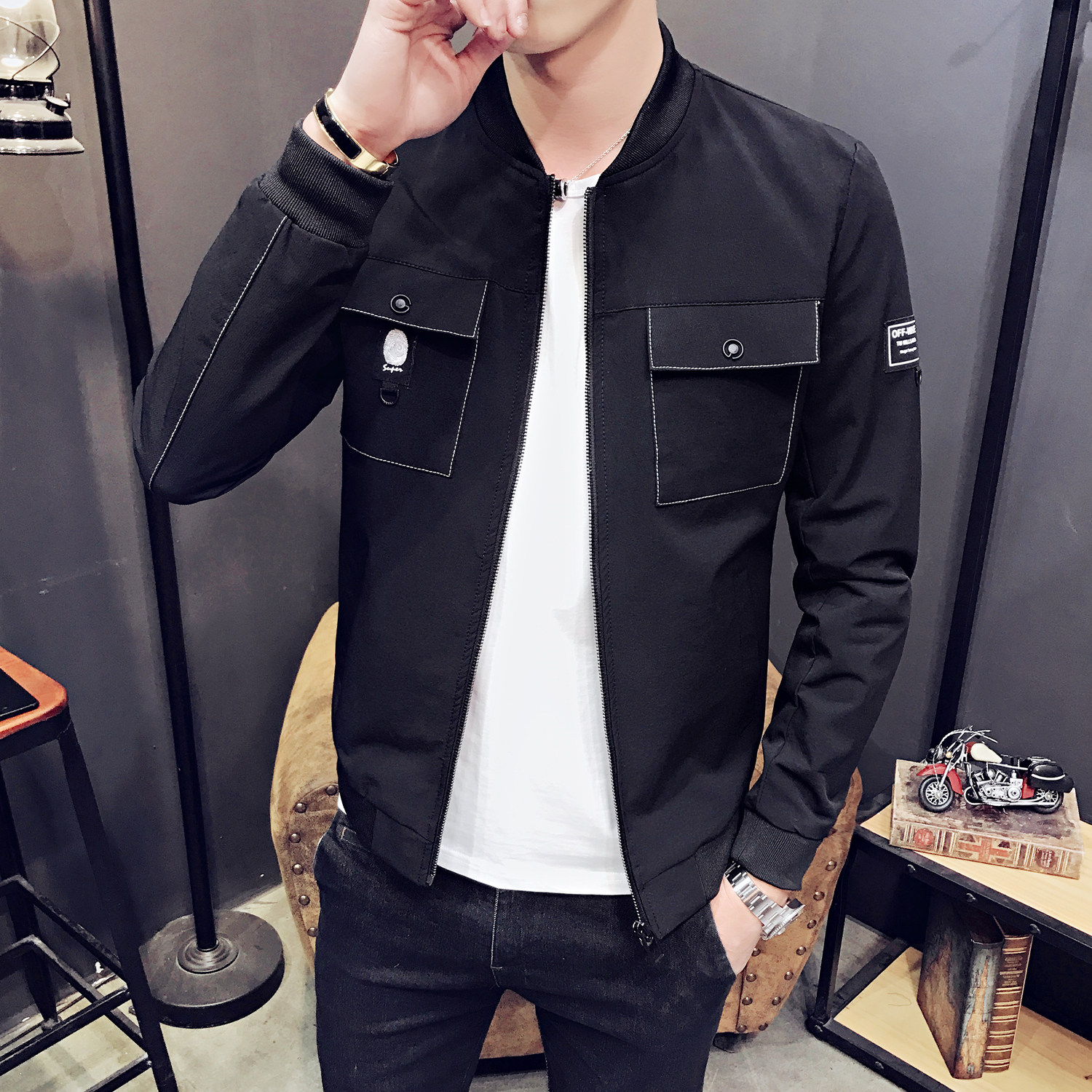 春款棒球领宽松夹克男 青少年男外套时尚潮流上衣313b-1823-p75