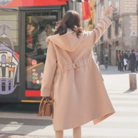 Chanel ca cao trùm đầu eo áo len nữ mùa đông phần dài dày áo Harajuku phong cách chic coat nữ áo dạ nữ dáng dài cao cấp