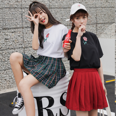 1259#实拍闺蜜夏装百搭宽松大码玫瑰印花破洞圆领学生短袖t恤女棉