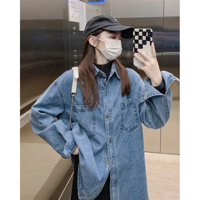 taobao agent Retro denim autumn cardigan, long jacket, mid-length