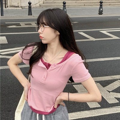 taobao agent Tide, colored set, summer bra top, sexy mini-skirt, short sleeve T-shirt