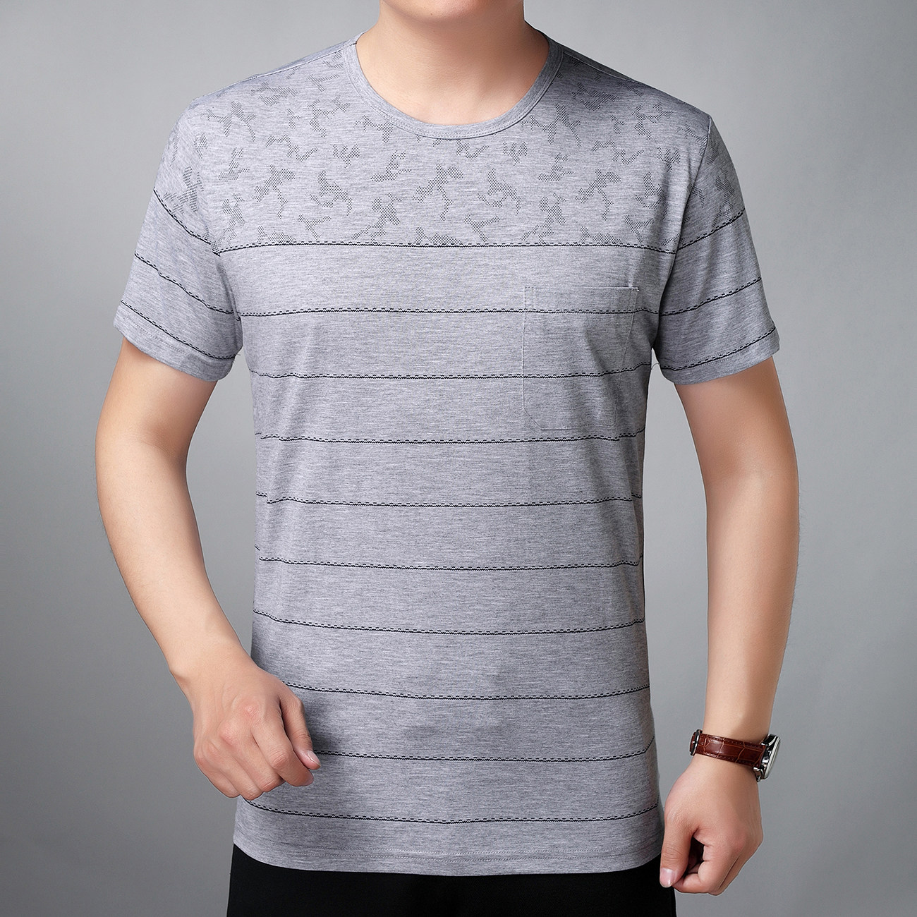 2018男装圆领体恤上衣短袖中年真口袋爸爸装30-40-50岁男t恤男短