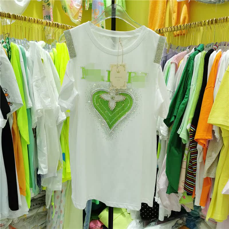 Green2021 summer new pattern Sense of design love Hot drilling Short sleeve T-shirt female Age reduction easy white Cotton coat female tide 6831