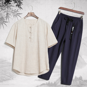 Mùa hè trung niên linen phù hợp với nam ngắn tay t-shirt phong cách Trung Quốc loose cha mặc nam cotton và linen thể thao phù hợp với