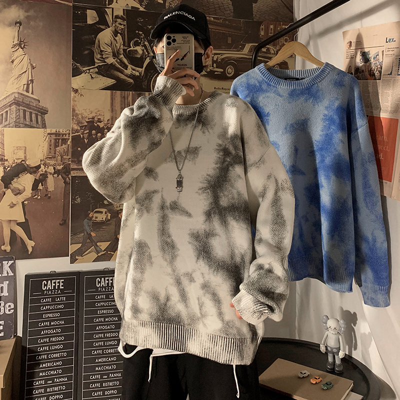 Tie dyed sweater in autumn and winter for men's loose and lazy big size thickened Korean fashion personalized sweater coat