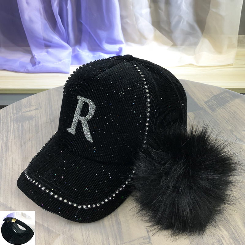 Black GoldHat female original rhinestone M peaked cap Korean version tide Versatile Spring and Autumn keep warm Hairball student street Baseball cap