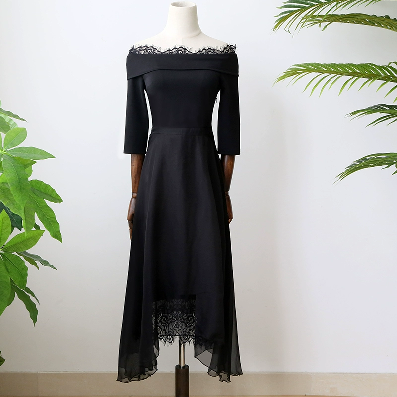 Thiết kế cảm giác thích hợp sợi lưới dài tay một vai váy mùa thu mới phụ nữ lưng cao váy dài không đều - Váy dài
