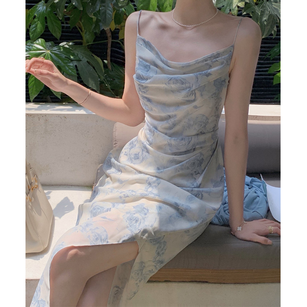Blue Ink Printing,From one camisole Dress French 2021 summer new pattern Straight shoulder Advanced sense Minority Satin skirt female summer