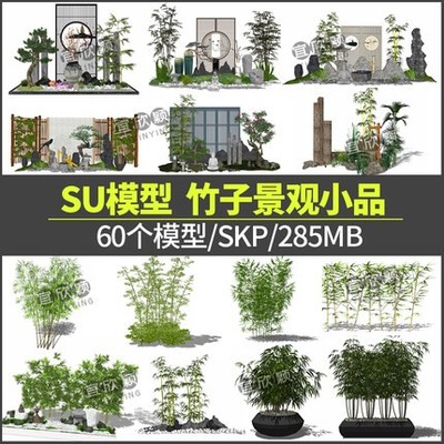 5323中式日式庭院景观竹子SU模型花园植物小品盆栽盆景sketc...-1