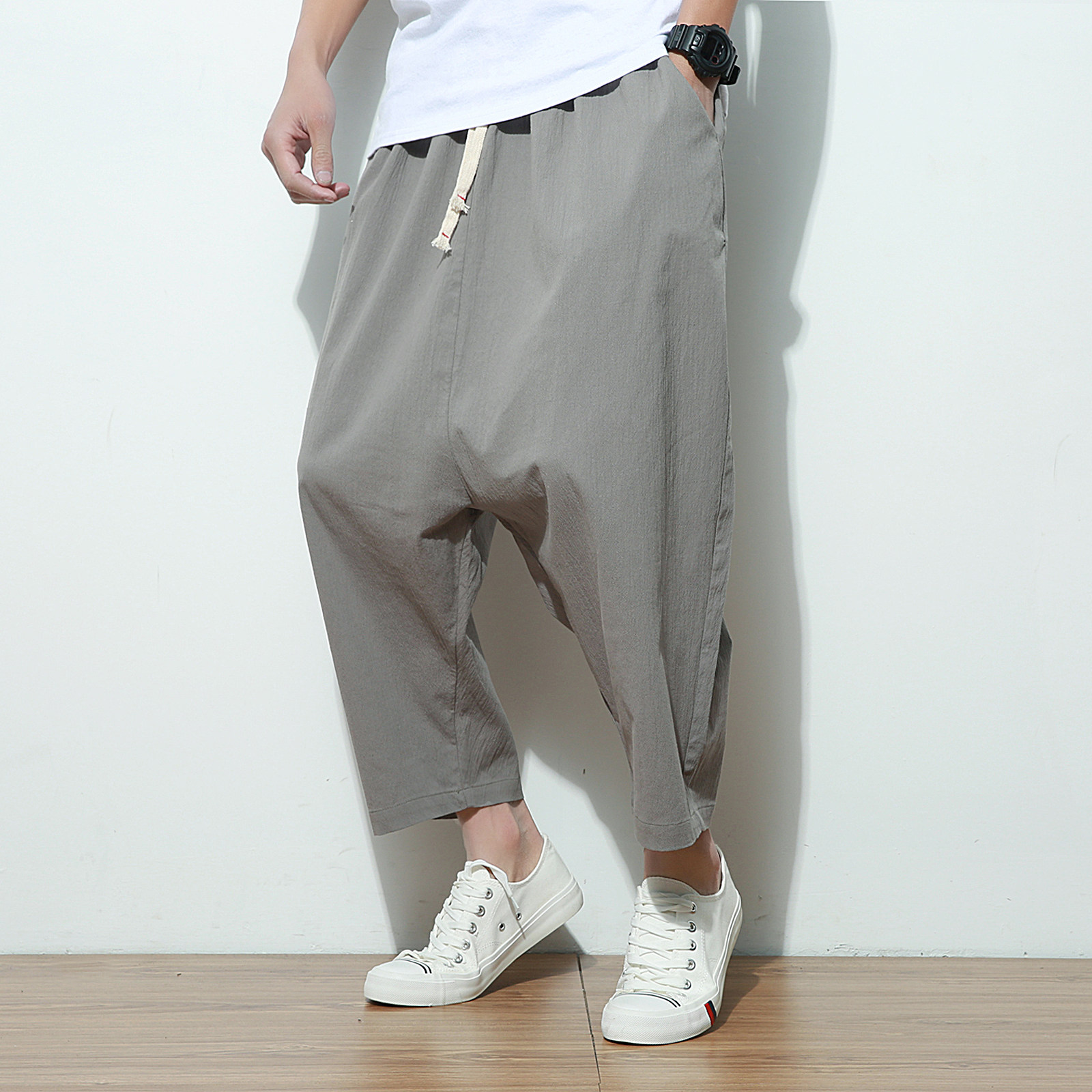 夏季男士大码纯色棉麻七分裤掉档垮裤k1807-p50