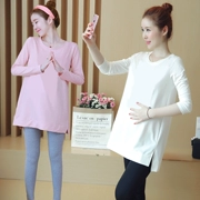 Bà bầu áo sơ mi mùa thu dài trong áo dài cộng với áo nhung cổ tròn tay dài cotton cho bà bầu Áo thun mùa thu và quần áo mùa đông