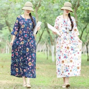 Mùa xuân 2019 mới của phụ nữ gió quốc gia váy cotton và vải lanh in cổ tròn váy cao eo lỏng váy - Váy dài