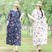 Mùa xuân 2019 mới của phụ nữ gió quốc gia váy cotton và vải lanh in cổ tròn váy cao eo lỏng váy - Váy dài váy suông dài