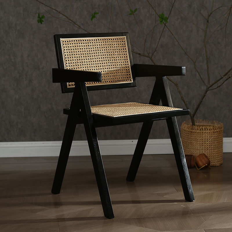 Chandigarh Chair Vine Weaving Dining Chair Home Backrest Solid Walnut Backrest Armrest Quiet Wind Homestay Chair (1627207:22209569975:Color classification:Rubber wood sandalwood black 2.8cm thick seat plate)