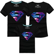 Mùa hè hè cotton Gia đình thời trang Hàn Quốc trang bị cho ba gia đình áo thun ngắn tay dài toàn thân Top Superman Star Superman