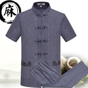 Trung quốc phong cách mùa hè trung niên và người cao tuổi ngắn tay Tang phù hợp với bộ của nam giới linen Trung Quốc phong cách kích thước lớn trang phục dân tộc cha
