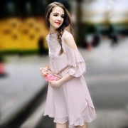 [Giải phóng mặt bằng hàng] lỏng A-line váy hồng váy mùa hè đèn lồng tay áo rỗng quây đầm voan nữ